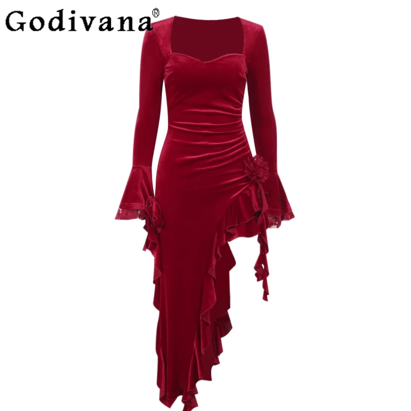 Abito sexy in velluto rosso natalizio Abito lungo irregolare a vita alta irregolare da donna Abito Lolita a maniche lunghe primaverile femminile