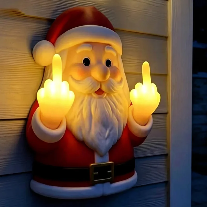 Christmas Santa Claus Glowing Wall Lamp Resin Middle Finger Design LED Night Light Porch Bedroom Decor Spooky Holiday Ornament