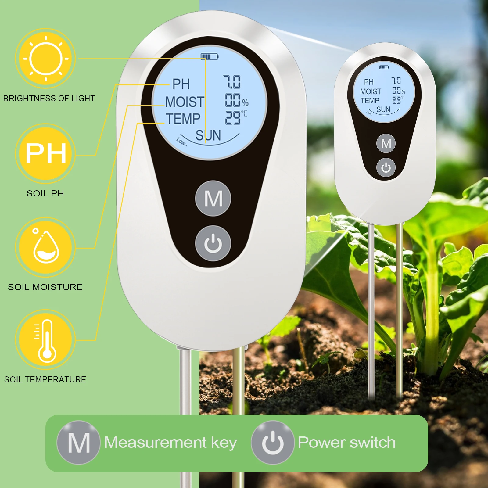 Новый 4 в 1, тестер pH-метра почвы для растений, температура влажности, солнечный свет, садовая ферма, открытый, крытый, садовый инструмент