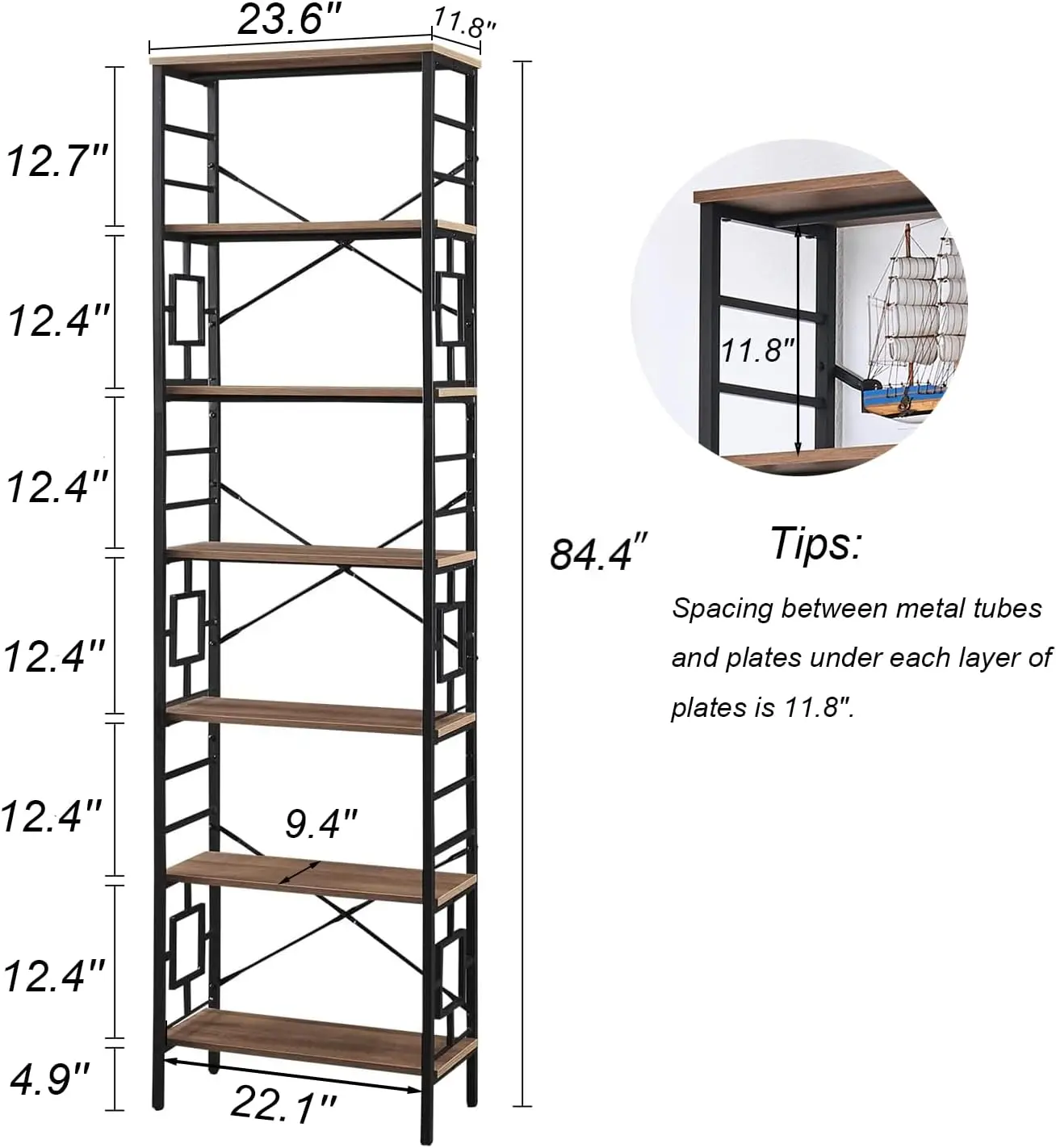 HOMISSUE Tall Bookshelf, 84 Inch Industrial Bookshelf with Metal Frame and Open Shelves, 7 Tier Metal Bookshelves and Bookcases