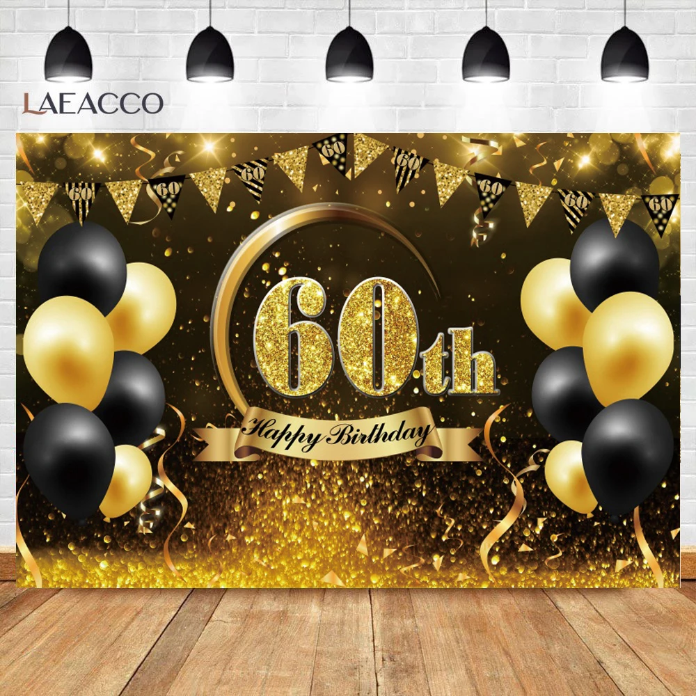 Gold Balloons Happy 60th 50th 40th 30th Adult Birthday Party Ribbon Celebration Poster Photo Background Photography Backdrop