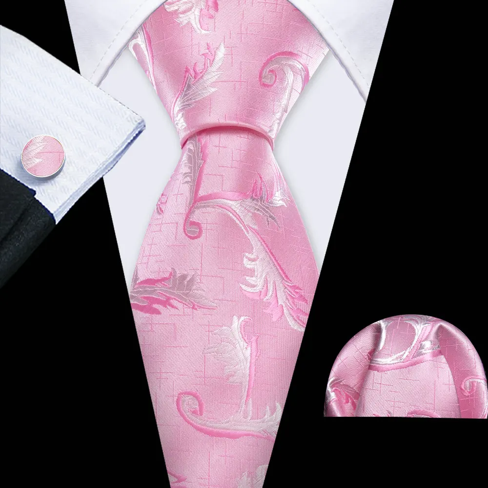 

Barry.Wang Gifts Pink Men Silk Tie With Pocket Square Cufflink Set Exquisiet Floral Male Necktie Wedding Designer Party Business