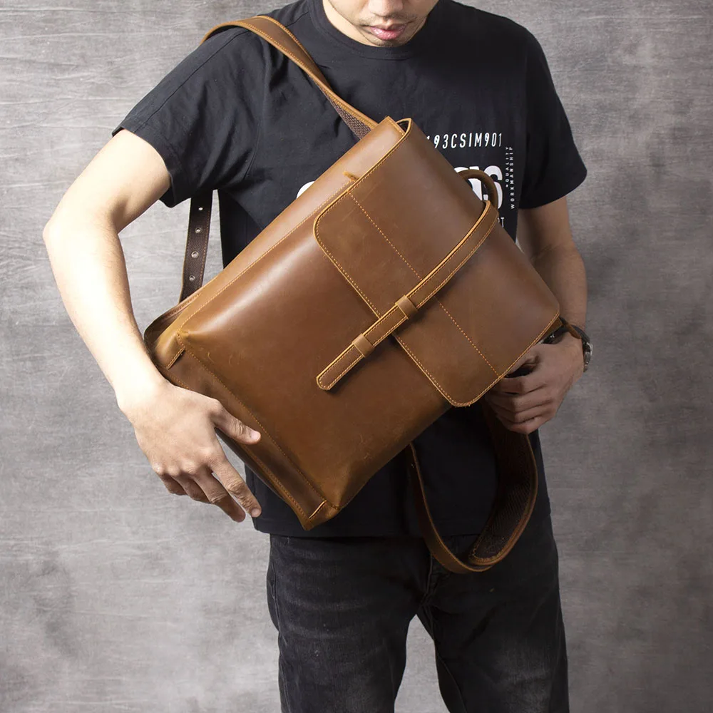 S.WORKER Vintage Echtleder 14" Laptop-Rucksack Herren Casual Preppy Schultasche Crazy Horse Rindsleder Tasche – Detail 5
