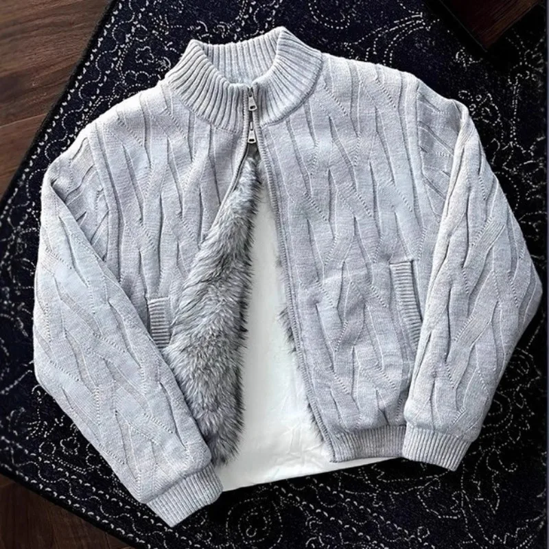 KIDWHXR Winter Man Sweater Coat Thicken Fleece Stand Collar Male Cardigan Streetwear Long Sleeve Zipper Men Knitted Jacket