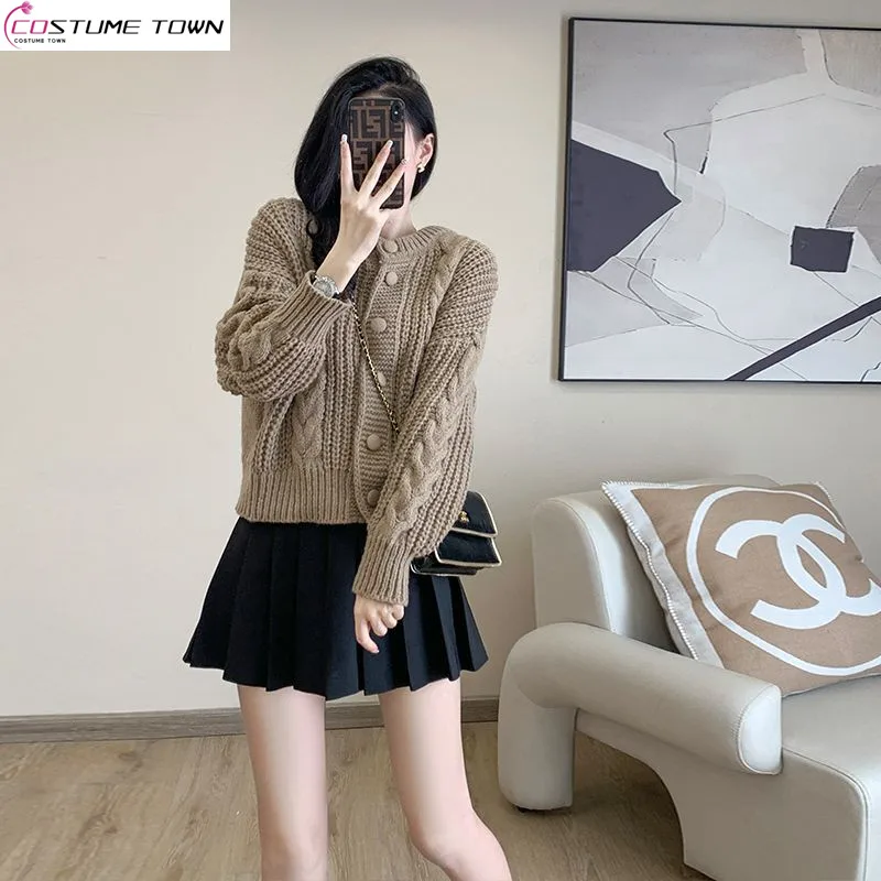 Fashion Set Hooked Flower Sweater Coat Women's Autumn and Winter Lazy Knitted Round Neck Sweater Pleated Skirt Two Piece Set