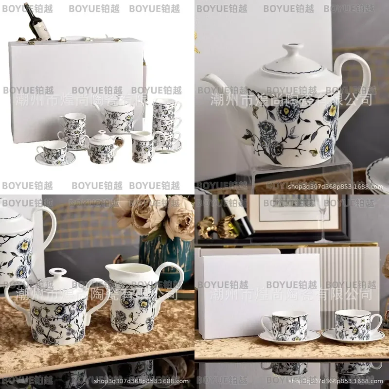 15 Piece Bone China Coffee Set European Style Teapot Cup Saucer Simple Household Tea Service Elegant Gift for Housewarming