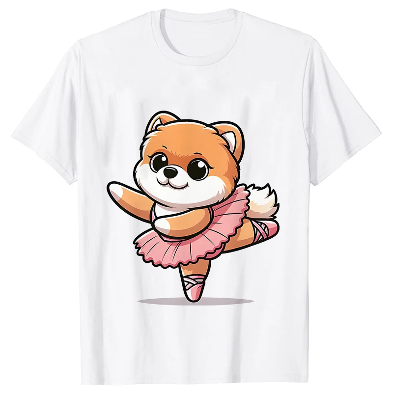 Camiseta de manga corta con estampado de perro bailarín para mujer, blusa Harajuku con cuello redondo, Tops Y2k, ropa de calle informal para mujer