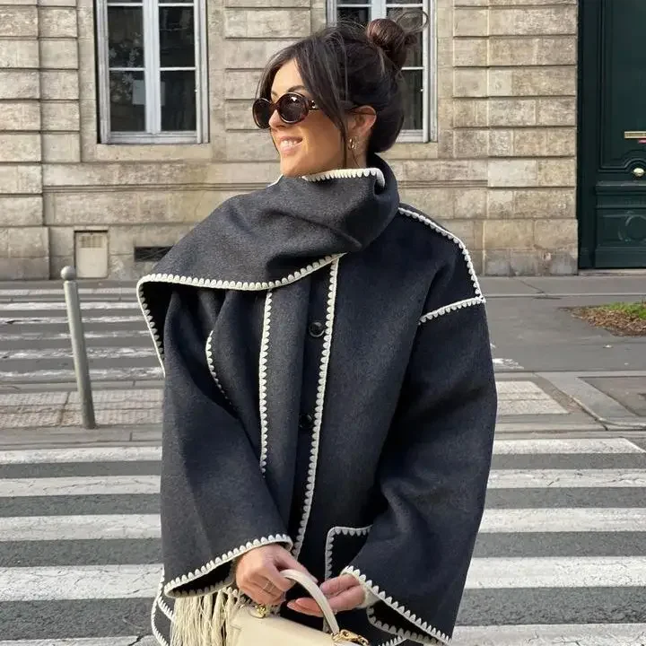 Manteau à manches longues avec écharpe pour femme, veste de rue pour femme, poche, simple boutonnage, mode automne et hiver, nouveau, 2023