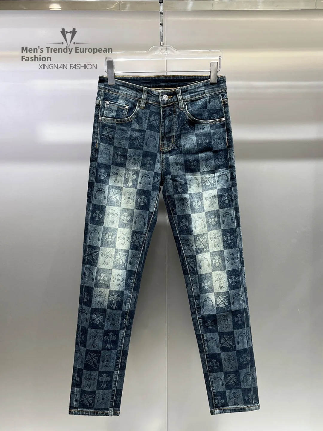 

Comfortable Slim Fit Men's Denim Pants Autumn Winter Faionable Plaid Print Casual Straight Leg Jeans Youthful Trendy