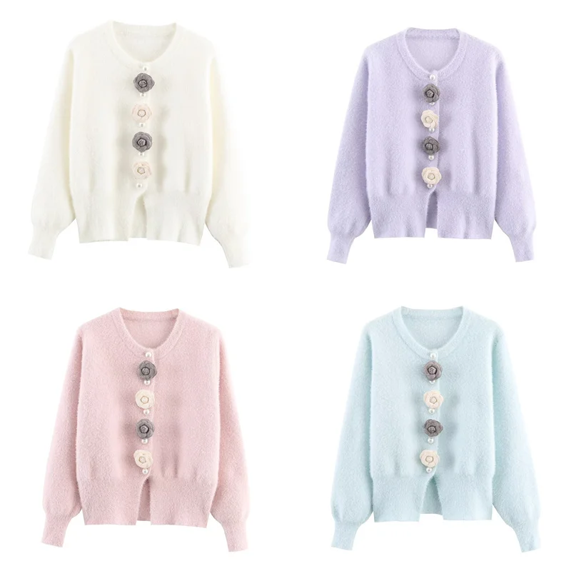 

Женское пальто, осень 2024, новый стиль, однотонное пальто с длинным рукавом и цветочным декором из искусственной норки, вязаный кардиган, повседневное милое стильное пальто