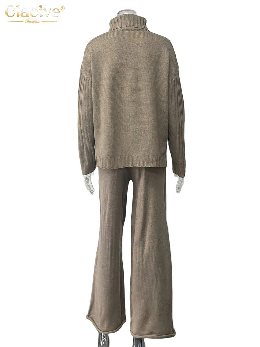 Clacive Winter Loose Khaki 2 Pieces Set Women 2025 Fashion Long Sleeve Sweater With High Waist Wide Pants Set Female Clothing