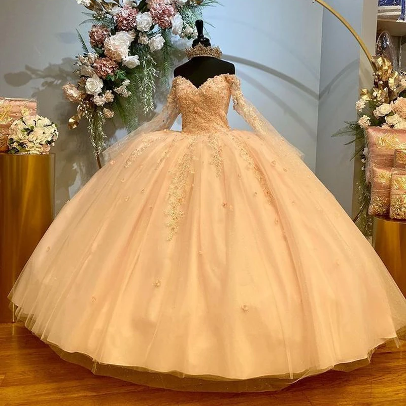 Vestido para quinceañeras amarillo personalizado, vestido De baile De manga larga con apliques De encaje y cuentas, dulce 16 15 Vestidos De 15 Años YQD255 2023