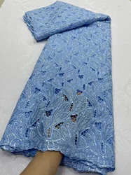 African Lace Fabric 2024 High Quality Embroidery For Women Party Dresses Blue Cotton Sequins Fabric In By The Meter 5 Yards