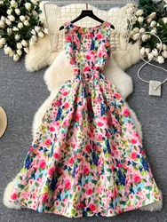 Women Sleeveless Elegant Dress Retro Elegant High Waisted Pleated Printed Formal Dresses Ladies Summer Slim A-line Long Robe