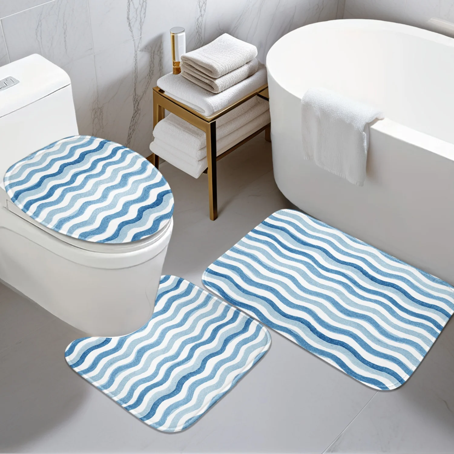 

Bathroom Anti-slip Mat -3pcs Set - Blue And White Wave Pattern 2D Flat Design Pattern - Digital Printing - Including Anti-slip