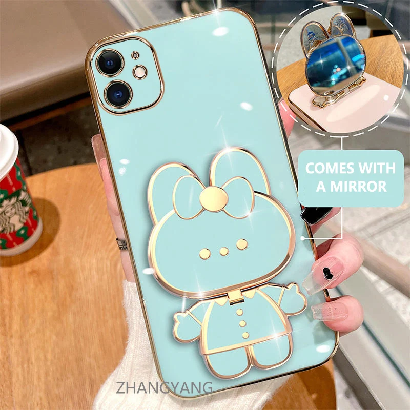 Case For iPhone 12 12 pro 12 pro max Electroplated straight edge silicone phone case cute 3D rabbit with built-in mirror for ant