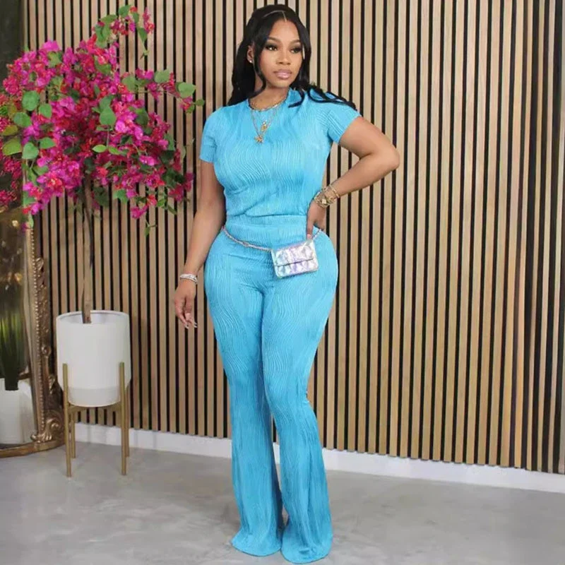 

Striped Casual Tracksuit Women Two Piece Set Sporty Joggers Short Sleeve T-shirt Top and Wide Leg Pants Matching Sets Sweatsuits
