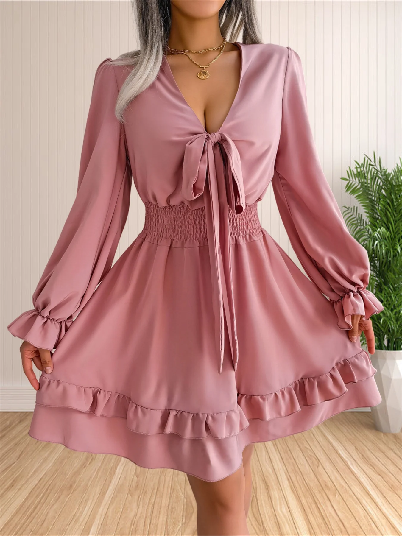 Women's Sexy Deep V Neck Knot Front Long Sleeve Smocked Wiast Ruffle Tiered Swing Mini Skater Dress