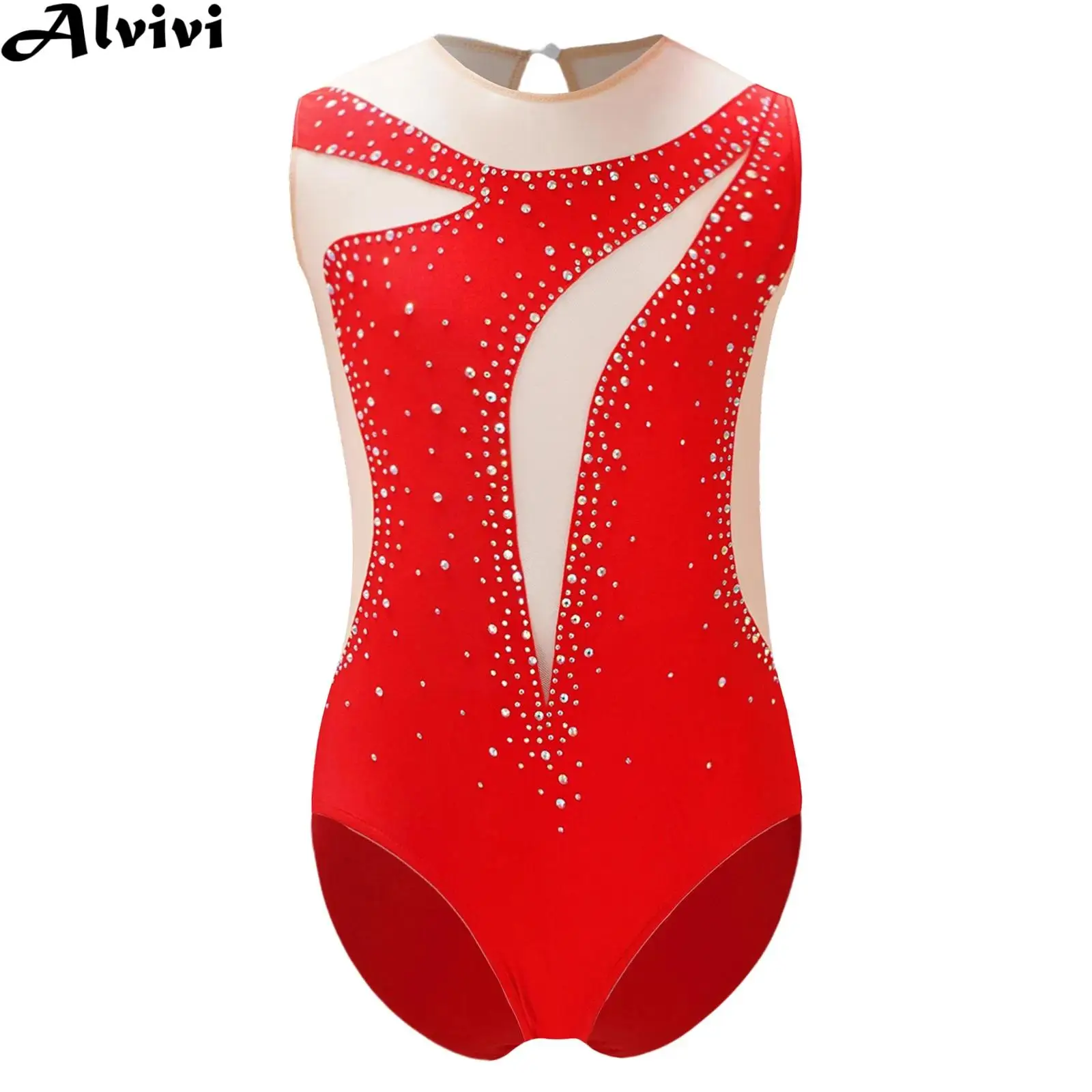 Kids Girls Figure Skating Performance Costume Shiny Rhinestone Sheer Mesh Leotard Ballet Dance Gymnastics Acrobatics Bodysuit