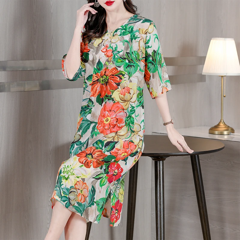 Loose Plus Size Floral Silk Cutout Sexy Midi Dress Ladies Elegant Casual Party Vestidos Summer Korean Style Skinny Ladies D