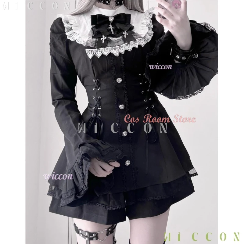 فانتازيا الهالوين جديد جيراي كي الزي لوليتا الفتيات بلوزة فستان السراويل النساء Kawii القوس الأسود Disfraz De Mujer