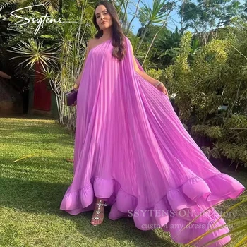 Ssytens ชุดเดรสราตรียาวผ้าชีฟองเปิดไหล่1ข้างสีม่วงชุดออกงานสำหรับแขกไปทะเลงานแต่งงานเดรสออกงานพรอมสุดหรู