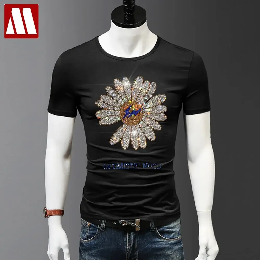 Men\'s Sunflower Sparkle Diamond T-shirts For Men O-neck Design Short Sleeve T shirt Cotton Tops S-5XL Oversize Man clothing