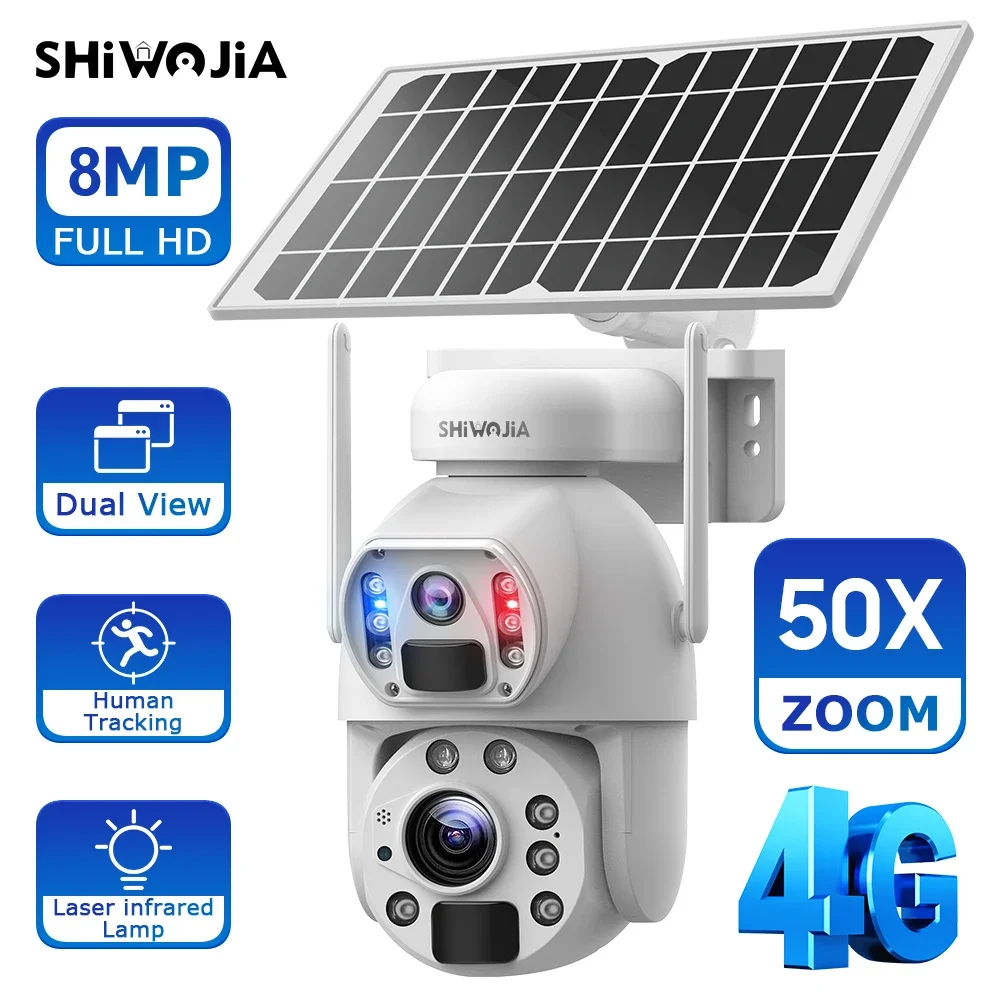 SHIWOJIA 4K 8MP 50X Zoom Solar Camera 4G Sim Dual Lens Recording Humanoid Tracking Outdoor Camera Metal Waterproof UBox app