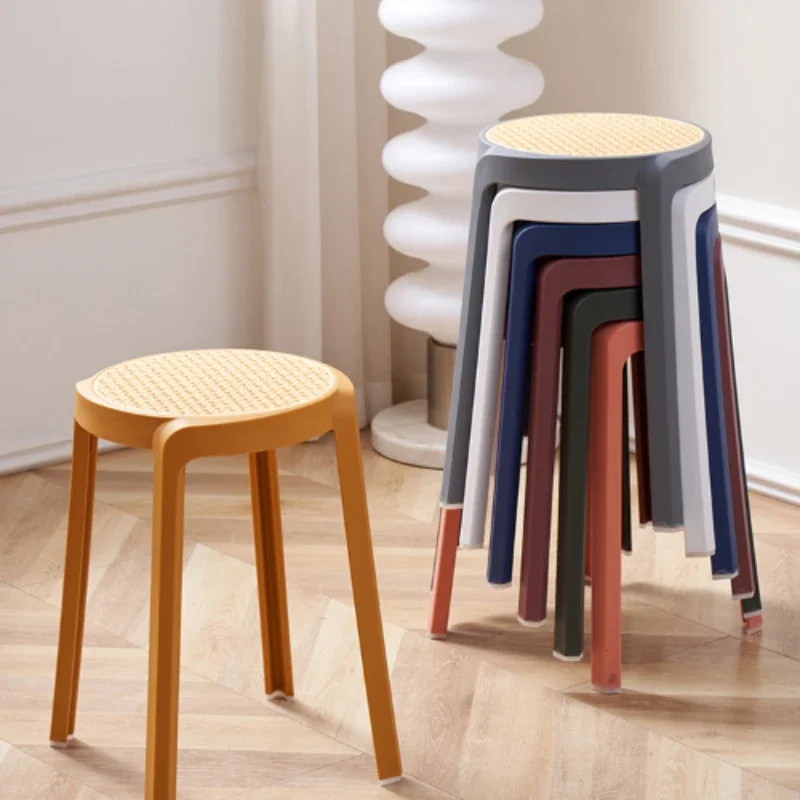 

Woven plastic stools can be stacked and placed with adhesive pads. Thickened household high stools, dining tables,