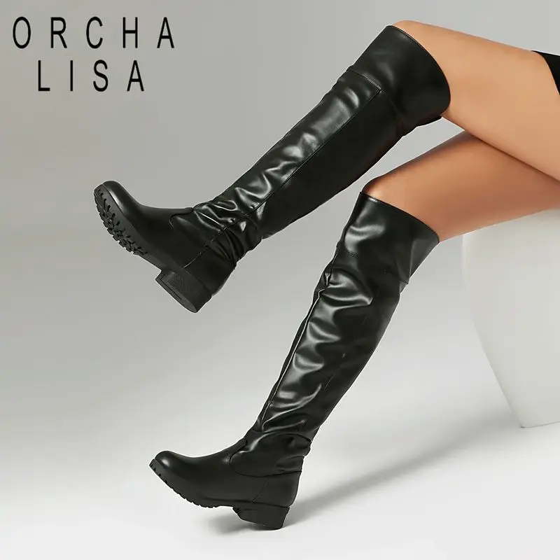 

ORCHA LISA 2025 Women's Fashion Thigh Boots Round Toe 3cm Thick Heels Zipper Large Size 49-51 Leisure Daily Bota Casual Sale on