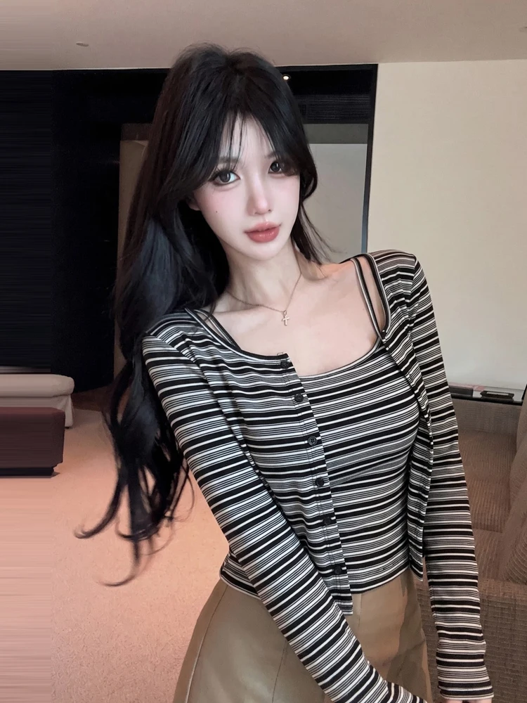 Sexy Stripe Color Block Long Sleeve Camisole Vest Top with Chest Pad Two Piece Set for Women Trendy Retro Style Autumn New Ar...