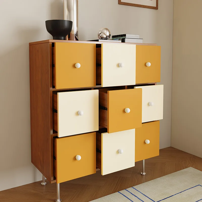 Medieval Bauhaus solid wood nine-chest cabinet poplar color matching storage side cabinet bedroom drawer cabinet dining side