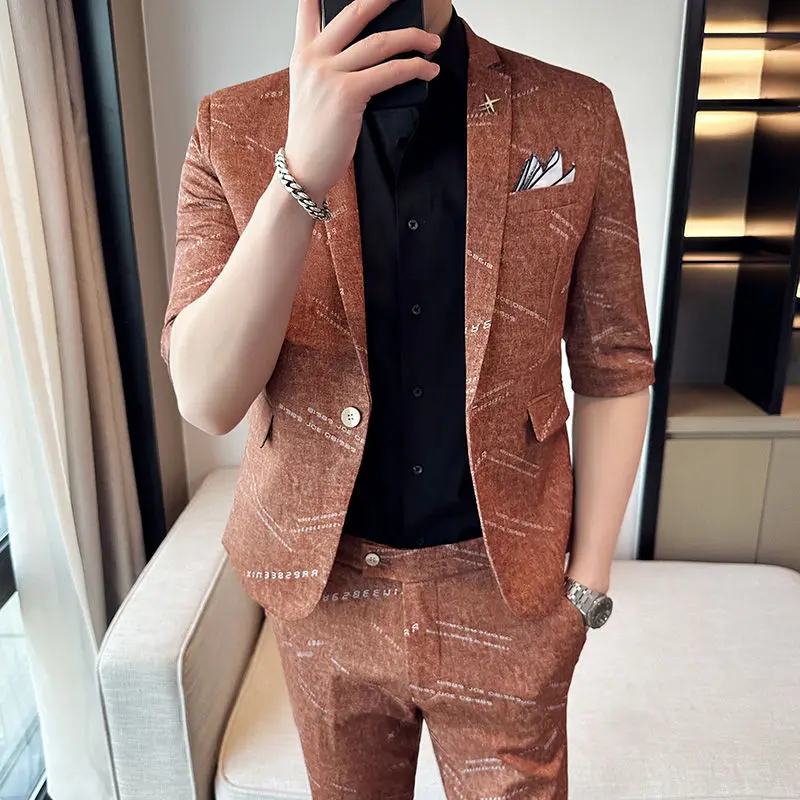 

3-A75 Summer men's three-quarter sleeve letter small suit casual handsome mid slsuit British style slim nine-point pants two-p