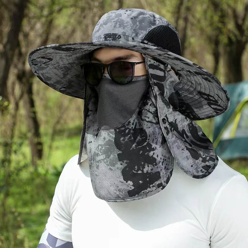 Men Camouflage Sun Hat with Face Cover and Neck Flap UV Protection for Mountaineering Fishing and Outdoor Tea Picking Hat