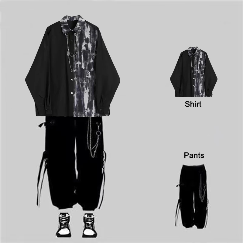 Arens Techwear Men's Spring Suit Vintage Black Tie-Dye Chain Shirt+Cargo Pant Splicing Blouse Jacket Long-Sleeved Chain Trousers