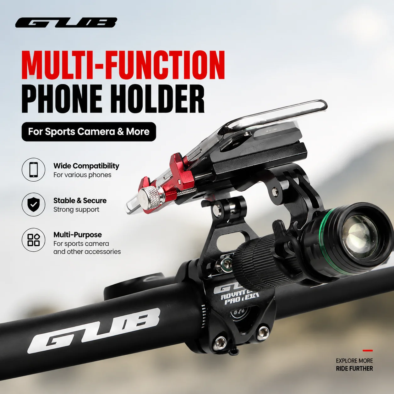 GUB Bicycle Phone Mount Aluminum Alloy Handlebar Holder with Flashlight Mount Action Camera Extension Bracket for MTB Road Bike