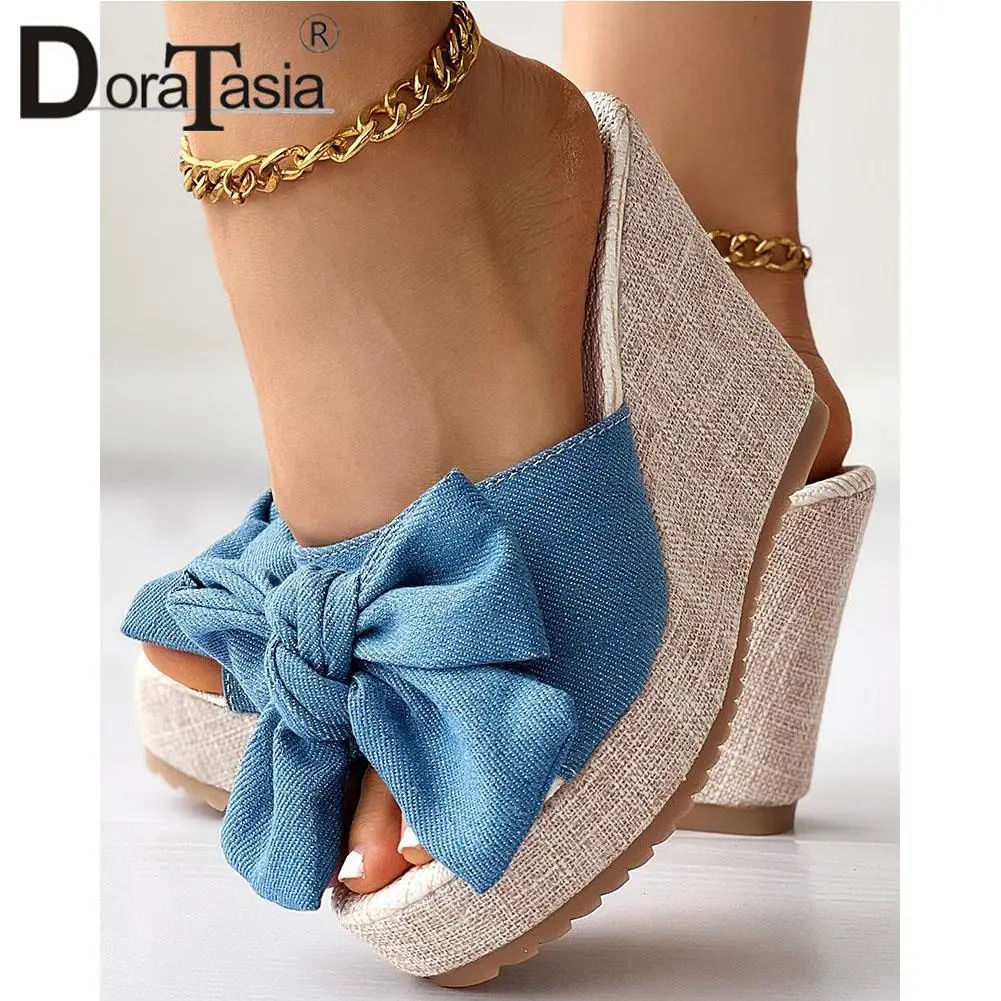 Brand New Peep Toe Platform Slides Fashion Denim Bow Wedges High Heels women's Slippers Casual Party Daily Sandal Woman Shoes