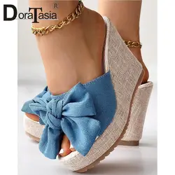 Sandalias con punta de plataforma abierta para mujer, zapatos informales de tacón alto con cuñas y lazo de mezclilla, a la moda, para fiesta y uso diario, novedad