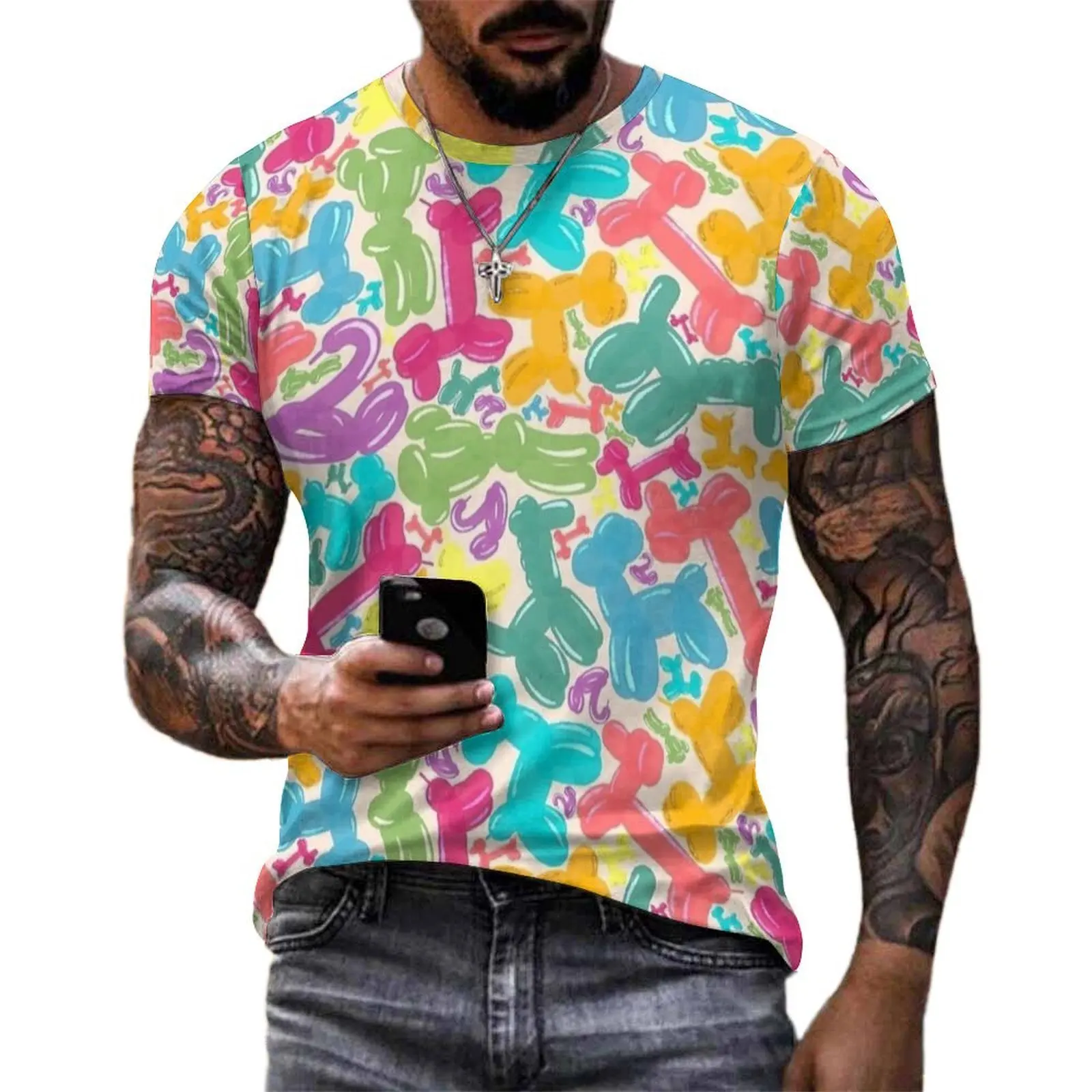 Bright Balloon Dog Cream Print T Shirt  Vintage T Shirts Men Awesome Tshirt Summer Short Sleeves Design Tees Large Size