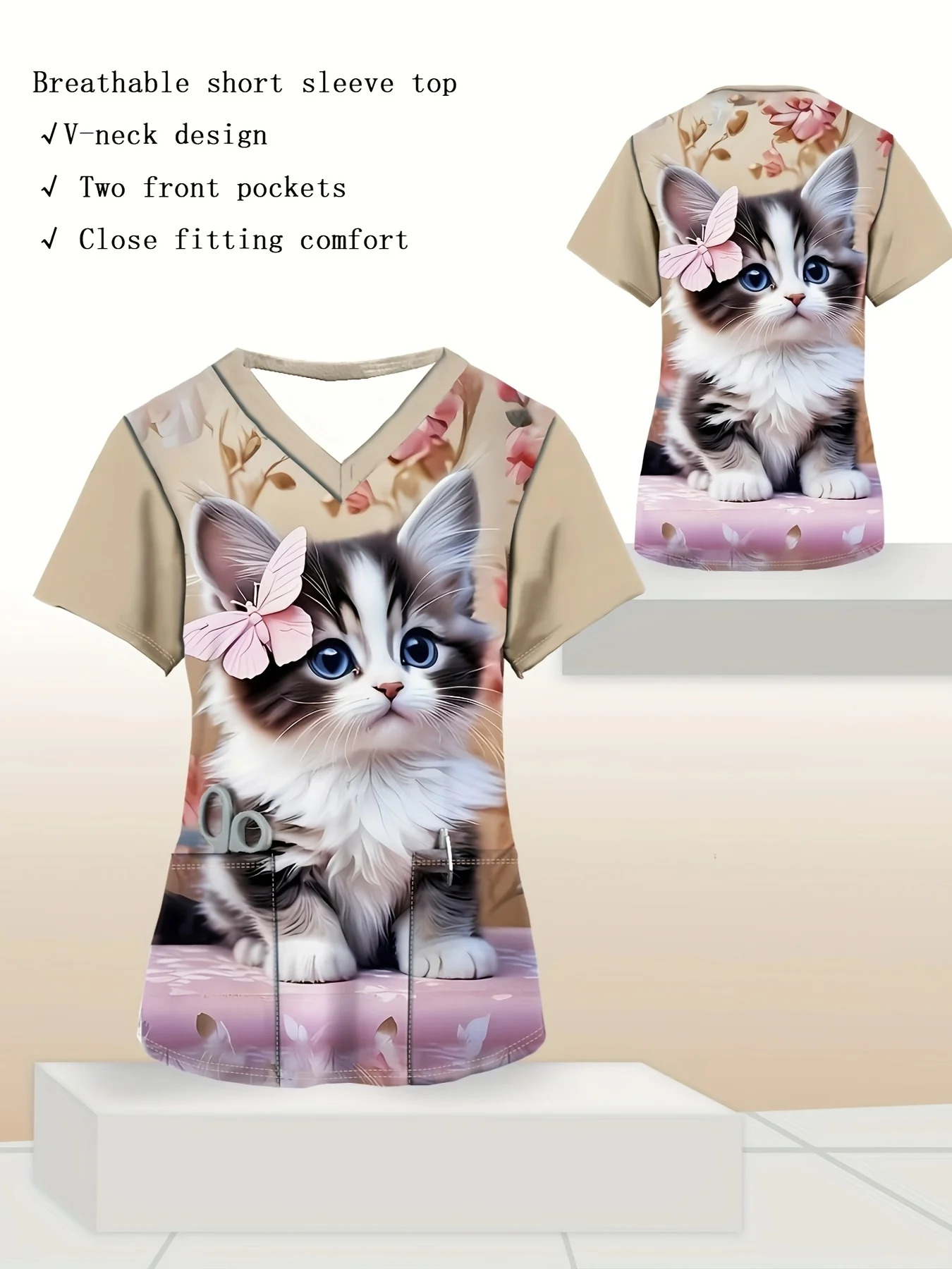

Women's cute cat print V-neck matte top, comfortable short-sleeved nurse uniform, with cute kitten and floral print design
