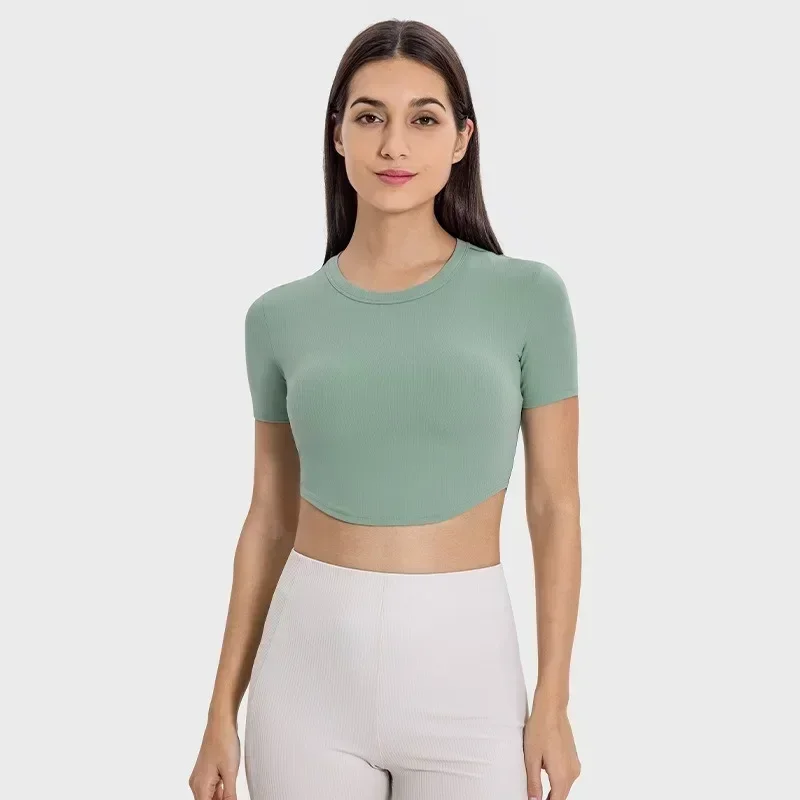 

Lemon Women Ribbed Sports Shirts Yoga Short-sleeved T-shirt Breathable Quick-dry Running Fitness Top Gym Slim Active Top Tee