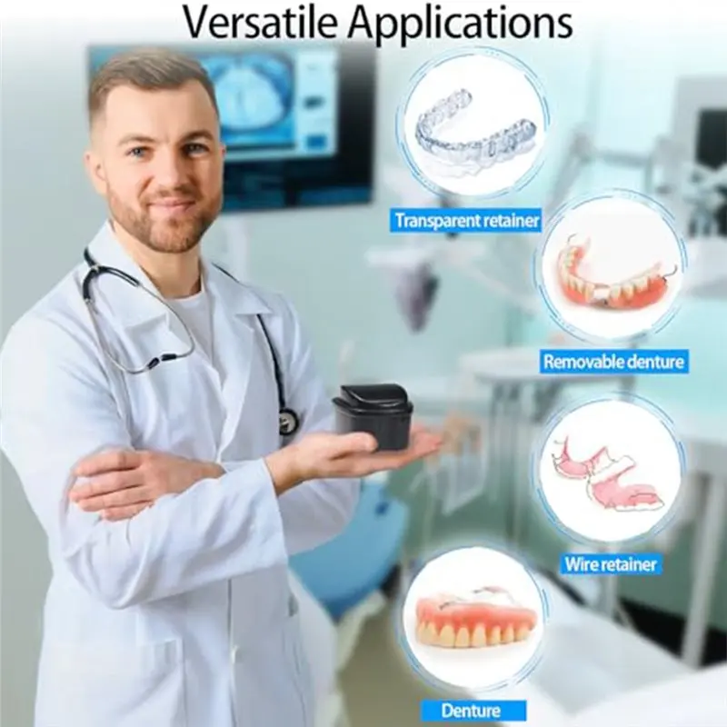 DT19 Denture Cleaning Case with Filter Basket, 2 Pack Retainer Storage Box for False Teeth, Portable Travel Denture Cup