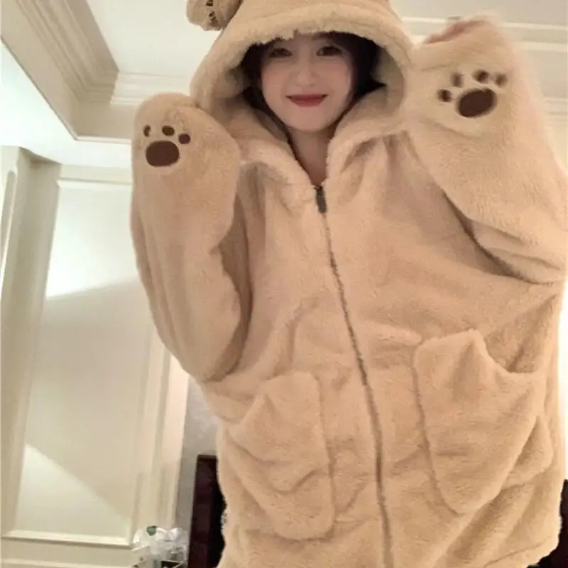 

Spring Autumn Girl Cartoon Pajamas Suit Fleece-Lined Sleepwear Thicken Woman Nightwear New Kawaii Hooded Coral Fleece Homewear
