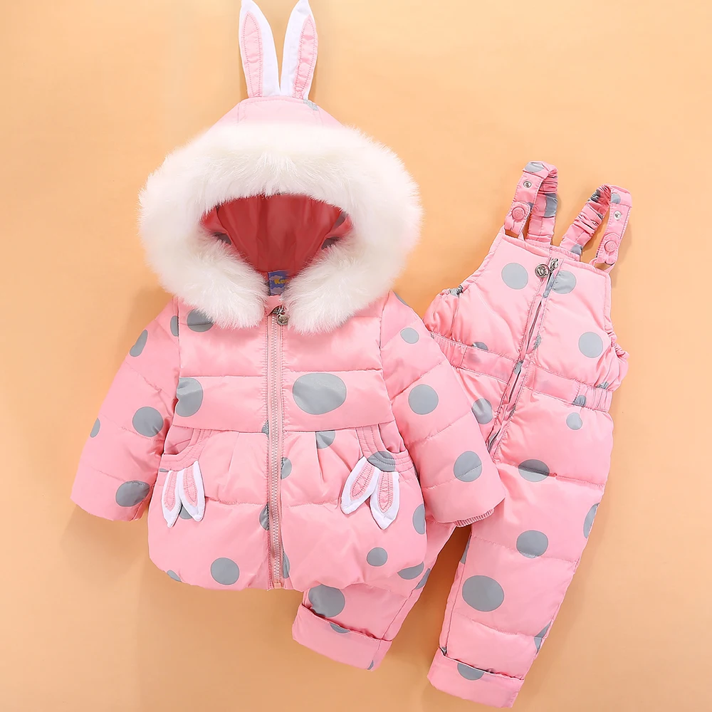 RAISE Winter Baby Girls 2PCS Set Rabbit Ear Soft Fur Hooded Infant Girl Down Jacket Snowsuits Contrast Dot Strappy Pants Outfits