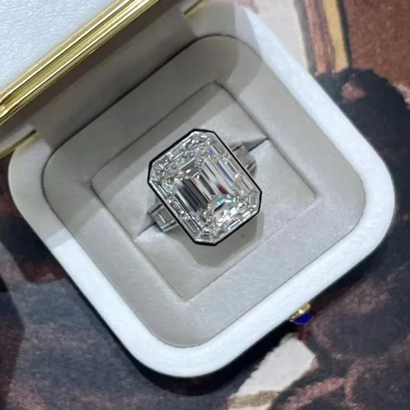 Emerald Cut Lab Diamond Ring 100% Real 925 Sterling Silver Engagement Wedding Band Rings for Women Bridal Promise Jewelry Gift