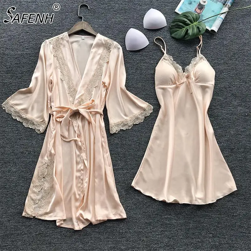 Women\'s Sexy Sleepwear Lingerie Lace Pajamas Robe Set V-Neck Collar Casual Underwear Nightdress