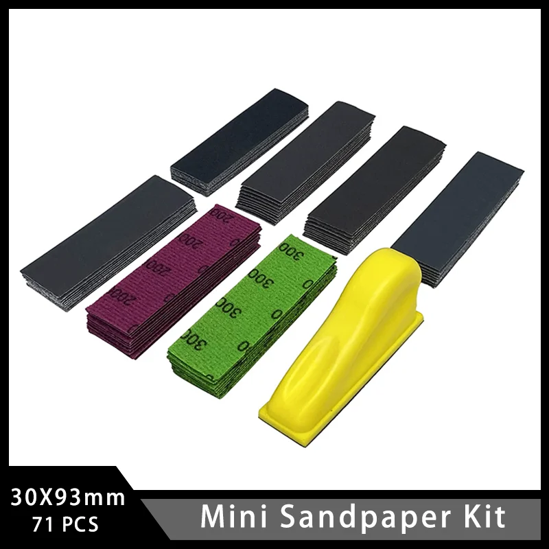 30X93mm Mini Sandpaper Kit 71 Pcs with Hook and Loop Hand Sanding Block for Polishing and Sanding Car Metal Wood Artworks