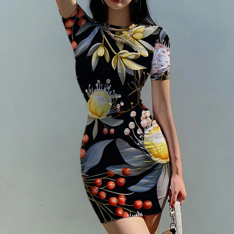 Summer new lady slim dress plant flower 3D printed lady dress beautiful lady slim dress trend fashion ladies slim dress