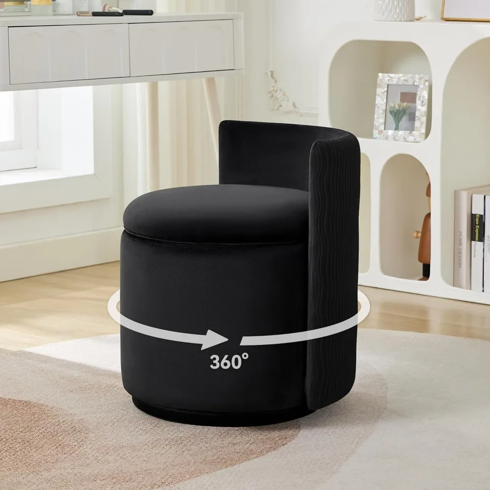 Vanity Chair with Storage, 360° Swivel Makeup Chair with Wave Back, No Assembly Small Accent Stool for Bedroom, Dressing