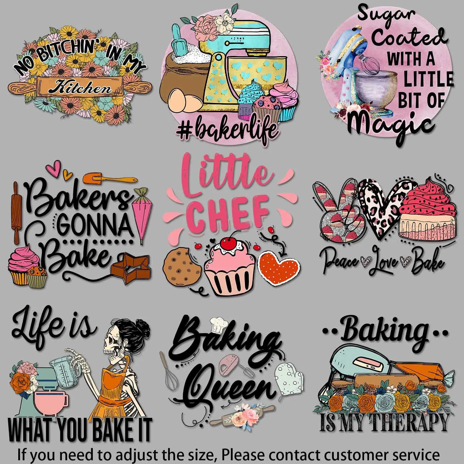 Iron on Transfer Peace Love Bake Graphic Flower - filled Kitchen Illustration Colorful Creations Perfect for DIY Gifts